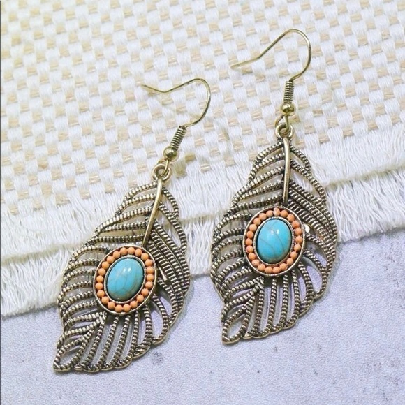Feather Turquoise Stone Silver Drop Earrings - Picture 2 of 14